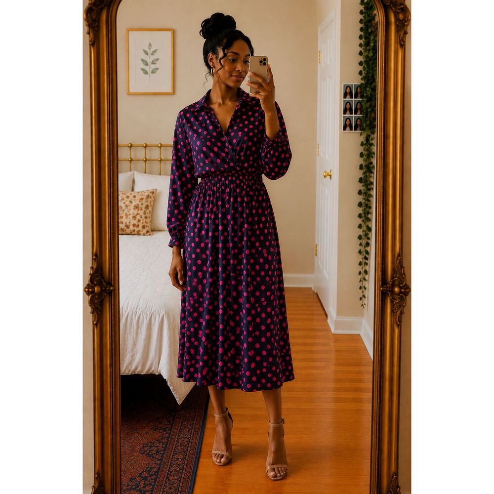 VTG 1980s 100% Silk Black & Pink Polka Dot Midi Dress by Julie Francis Size 12